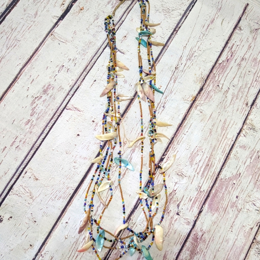 Vintage Native American 5 Strand Glass & Seed Beads, And Shell Necklace